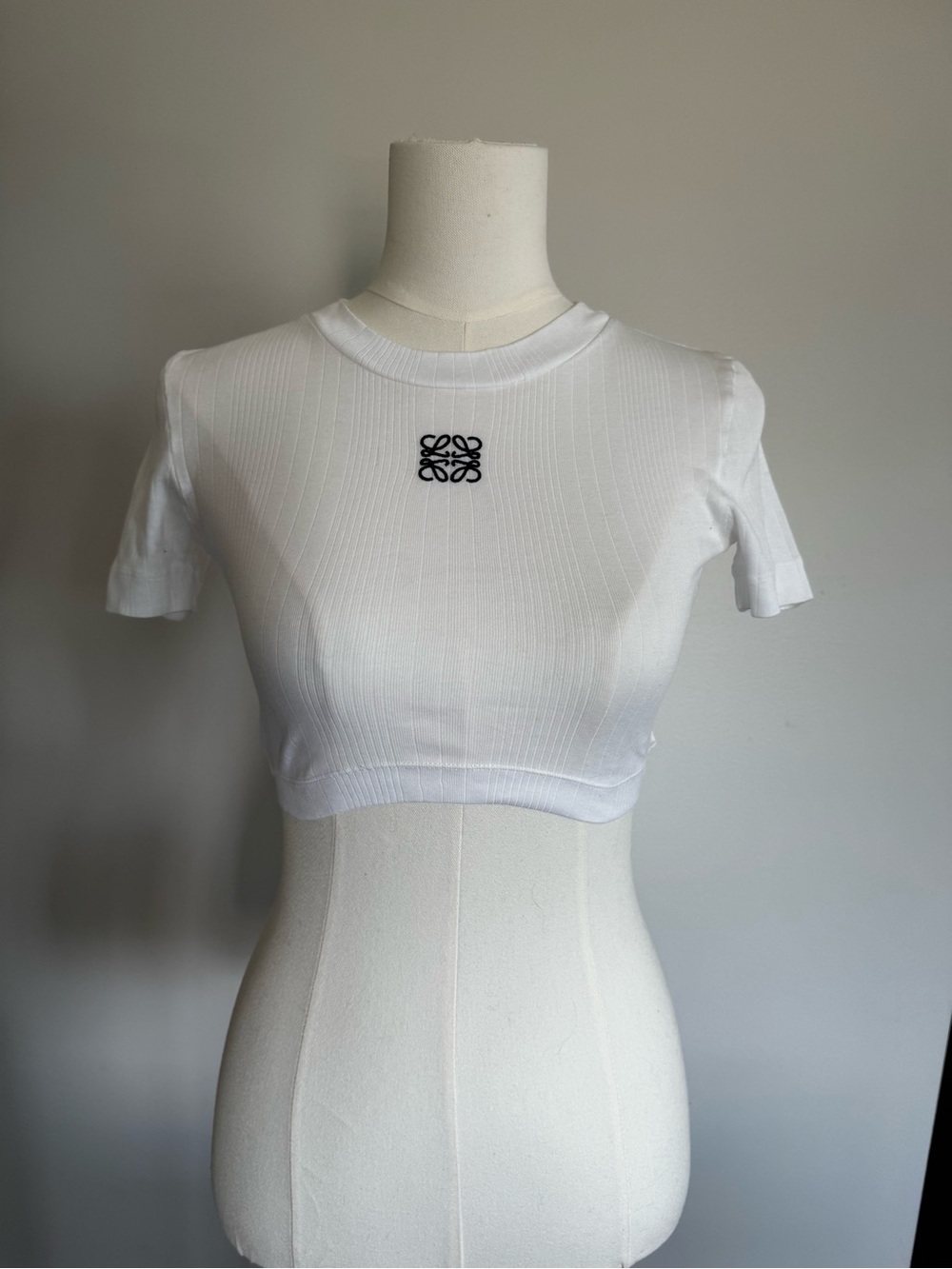 Loewe White Ribbed Cropped Tee with Black Anagram